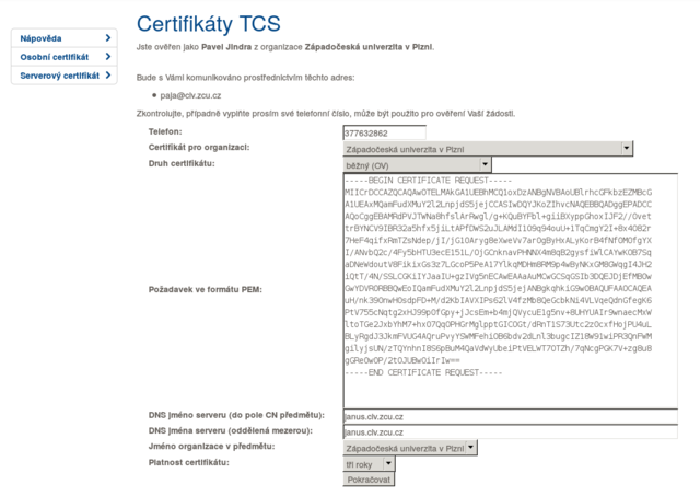 Podání žádosti o TCS certifikát